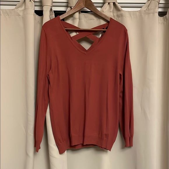 Dusty coral/mauve V-Neck Sweater with Crisscross Back - Picture 1 of 5
